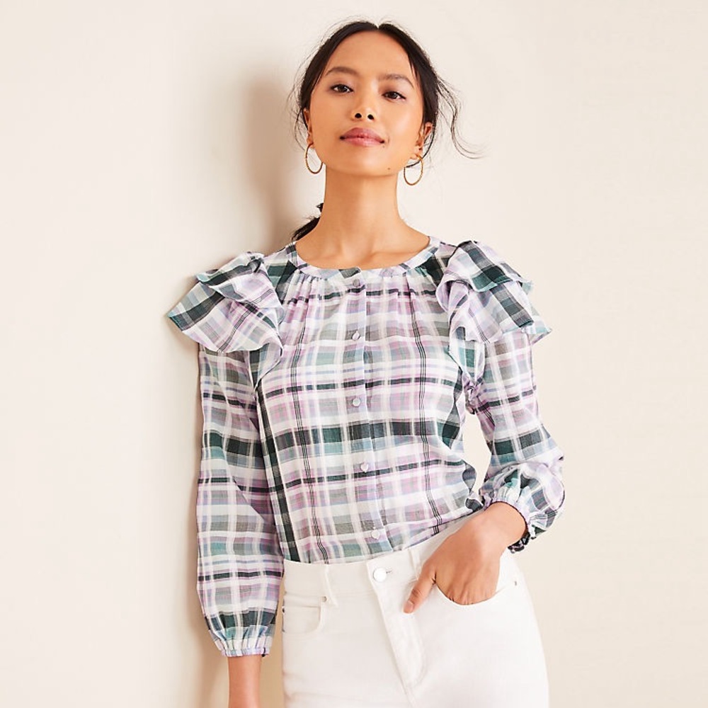 Ann‎ Taylor Plaid Ruffle Shoulder Cotton Blouse Sz MP